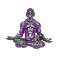 futuristic astronaut is floating and meditating doing yoga in white background - 785575597