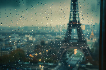 A rainy day in Paris with the Eiffel tower seen through a window with rain drops on the glass