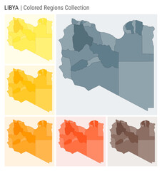 Libya map collection. Country shape with colored regions. Blue Grey, Yellow, Amber, Orange, Deep Orange, Brown color palettes. Border of Libya with provinces for your infographic. Vector illustration.