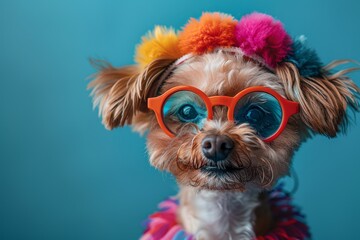 A fun image of a shaggy dog adorned with colorful pom-pom accessories, capturing a playful and creative vibe