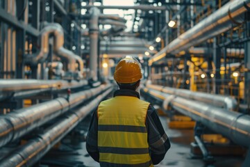 Engineer surveying expansive pipeline and pipe rack of industrial plant.