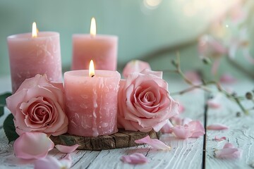 Obraz na płótnie Canvas Close shot of pink rose color candle with rose flowers in backdrop with a big space for text or product advertisement, Generative AI.