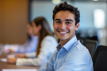 Obraz premium Smiling young doctor in seminar boardroom or educational class setting. Professionalism and expertise.