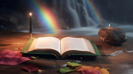 Open book with beautiful river background with rainbow and magical world. Open pages of a magical book with a magical fantasy world. Open book in nature. Open book with rainbow. Generative AI. - obrazy, fototapety, plakaty