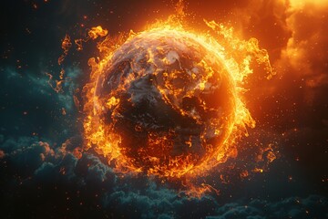 An artistic representation of Earth surrounded by a dramatic firestorm, symbolizing conflict or turmoil