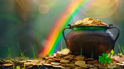 saint patricks day leprechauns pot of gold coins with rainbow irish holiday backdrop