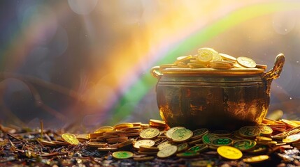 saint patricks day leprechauns pot of gold coins with rainbow irish holiday backdrop - obrazy, fototapety, plakaty