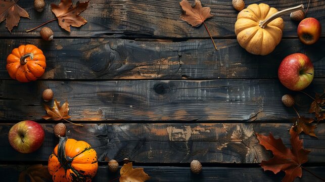 rustic wooden table top with fresh autumn harvest pumpkins apples leaves and acorns top view food photography