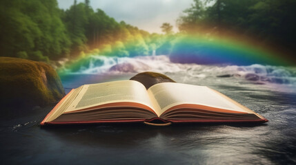 Open book with beautiful river background with rainbow and magical world. Open pages of a magical book with a magical fantasy world. Open book in nature. Open book with rainbow. Generative AI.