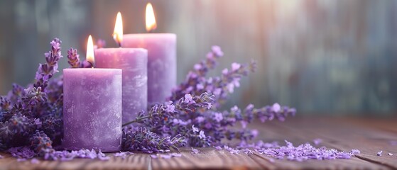 Obraz na płótnie Canvas Close shot of lavender color candle with lavender flowers in backdrop with a big space for text or product advertisement, Generative AI.
