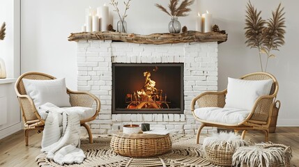 scandinavian living room interior with white brick fireplace natural wood decor and cozy armchairs 3d render