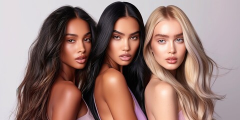 Obraz premium Beauty Photography, Trio of Women with Diverse Hair Colors Fashion Portrait