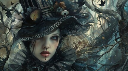Portrait of a beautiful witch in a black hat