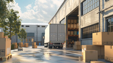 Efficient logistics scene with boxes systematically packed and loaded onto a large delivery truck outside a bustling warehouse