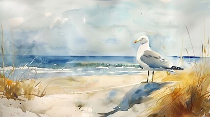 seagull perched on a sandy beach peaceful coastal scene realistic watercolor painting - obrazy, fototapety, plakaty