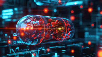 Conceptual image of a smart pill with a dynamic scientific interface   symbolizing breakthroughs in medical health care technology - obrazy, fototapety, plakaty