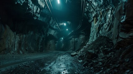 Creepy underground mountain tunnel illuminated by artificial light