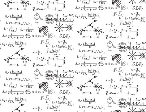 Electric magnetic law theory and physics mathematical formula equation. Physical equations on whiteboard. Education and scientific  background. Vector hand-drawn vintage seamless pattern.