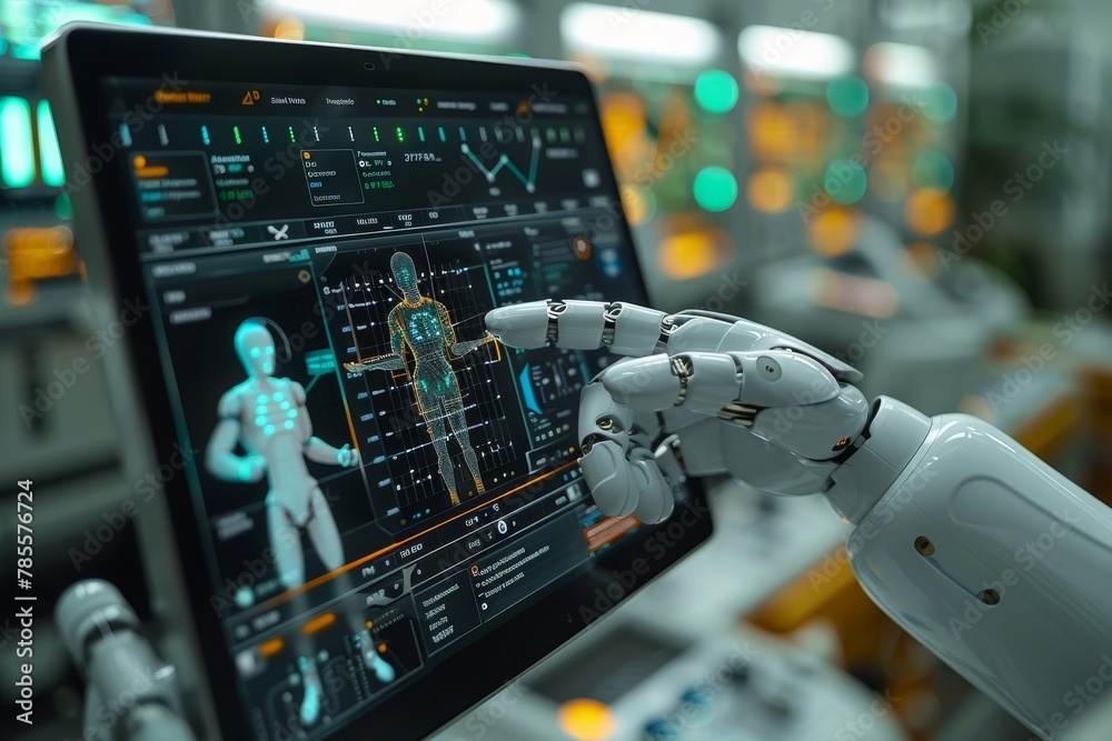 Poster a robot hand with articulated fingers skillfully interacting with a digital interface on a tablet se