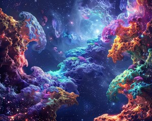 Fototapeta na wymiar A vibrant digital artwork depicting cosmic coral reef,where ethereal corals marine life intertwine with celestial elements. scene evokes sense of wonder invites exploration fifth dimension and astral