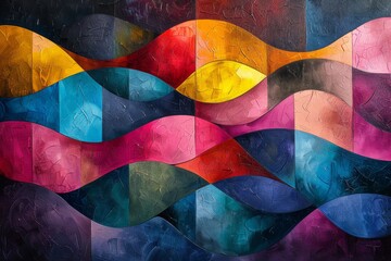 This image showcases a vibrant abstract painting with wavy patterns consisting of multiple colors...