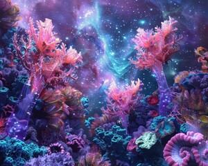 Obraz na płótnie Canvas A vibrant digital artwork depicting cosmic coral reef,where ethereal corals marine life intertwine with celestial elements. scene evokes sense of wonder invites exploration fifth dimension and astral