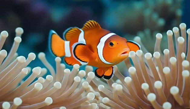 A clownfish  peeks out from  its anemone 