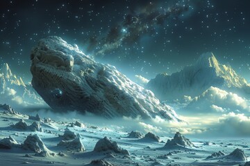 A mesmerizing fantasy landscape featuring a colossal snow-covered rock under a star-studded sky, providing a sense of adventure and magic - obrazy, fototapety, plakaty