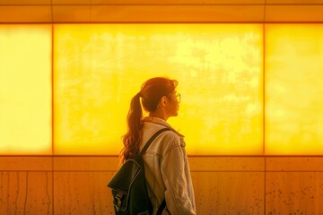 Fototapeta premium Display mockup from a shoulder angle of a girl in front of a interactive digital board with a fully yellow screen