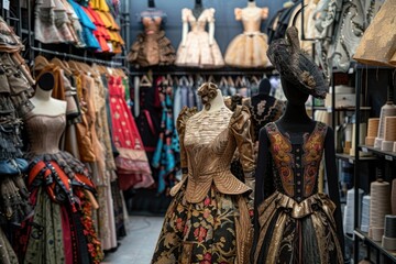 Haute Couture Studio. Glimpse into fashion design world with sewing paraphernalia, fabrics, and elegantly posed mannequins.