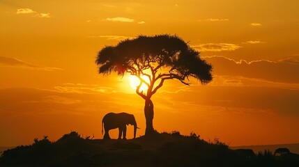 Fototapeta na wymiar serene landscape featuring majestic lonely elephant standing atop tree in savanna at sunset silhouette against warm orange sky