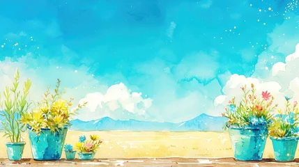 Foto op Plexiglas Turquoise Tranquility Flowerpots Beneath the Azure Sky Lift Spirits in Desert Landscape © Sittichok