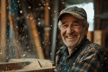 Portrait of a skilled carpenter with calloused hands, smiling against a factory backdrop.