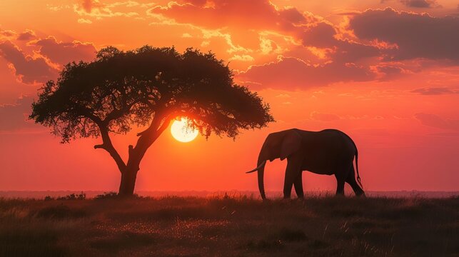 serene landscape featuring majestic lonely elephant standing atop tree in savanna at sunset silhouette against warm orange sky