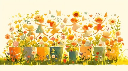 Children Dancing and Playing in Sunstone Flowerpots in a Sunlit Meadow Radiating Summer Joy and Warmth