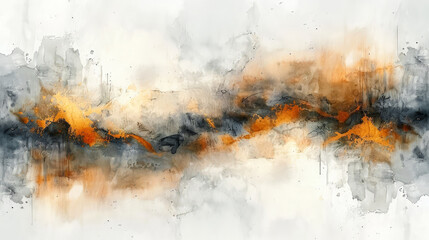 Watercolor drawing of Abstract artistic Background in grey-orange-yellow tones forming by blots and liquid splatter. Backdrop for design. Copy space.