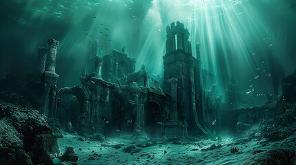 Ancient ruined city with dilapidated buildings, columns and marble statues on sandy bottom of sea. Blue water, green algae, corals, rays of sun through water illuminate city. Result of old tragedy.