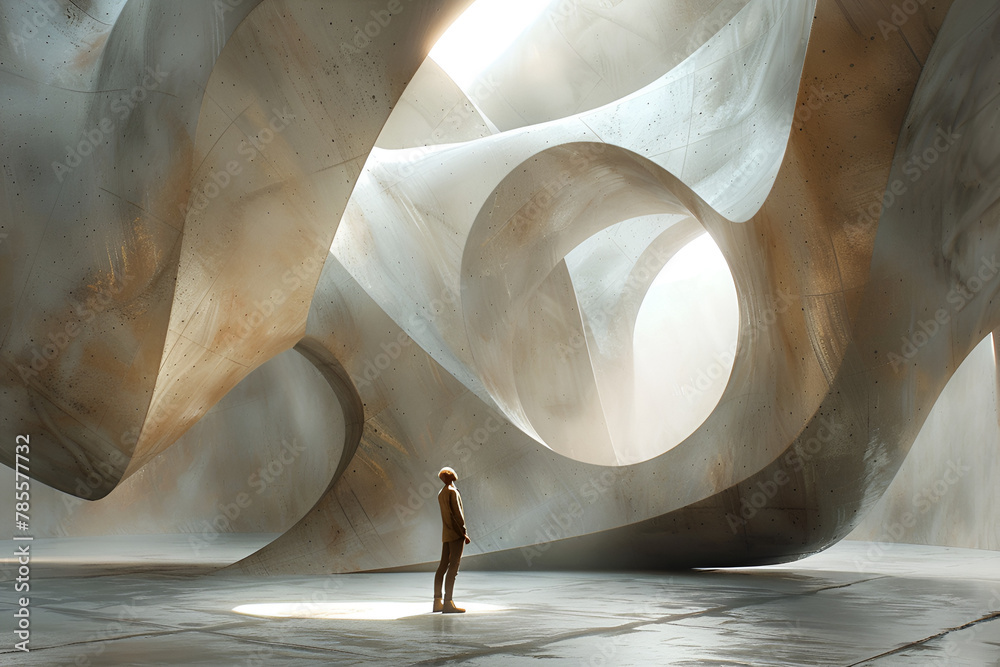 Wall mural one person stood in a large empty room with a statue behind it. the room was filled with light. give