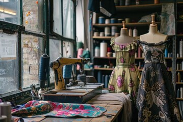 Vintage dressmaking studio with classic sewing machine and elegant dresses on mannequins. Fashion design and craftsmanship.