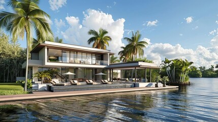 serene waterfront villa with panoramic views and spacious open layout digital architectural illustration - obrazy, fototapety, plakaty