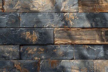 Artistic combination of weathered wooden planks and rusty metal tiles in an abstract pattern