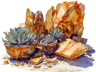Onyx Flowerpots Offering Respite in Desert Oasis Watercolor