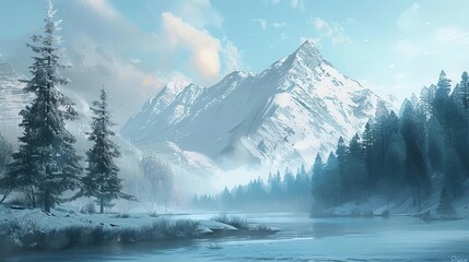 serene winter landscape with snowy mountains and frosty pine trees tranquil nature digital painting - obrazy, fototapety, plakaty