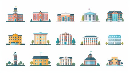 set of flat minimalistic vector illustrations of various school buildings isolated on white background - obrazy, fototapety, plakaty