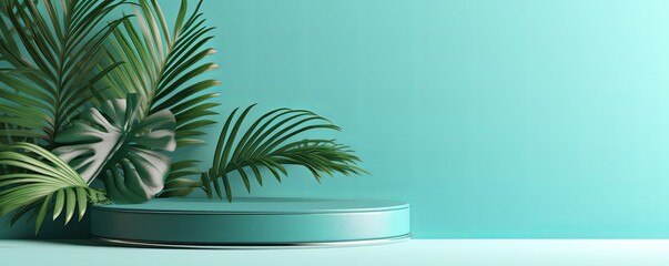 Turquoise background with shadows of palm leaves on a turquoise wall, an empty table top for product presentation. A mockup banner 