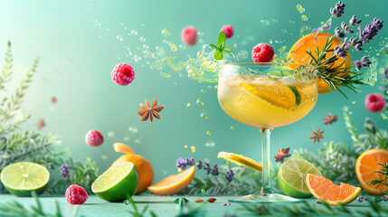 Fototapeta na wymiar Enchanted Citrus Cocktail with Effervescent Bubbles and Floating Berries in a Herbal Haven