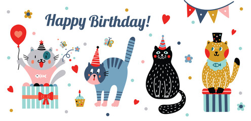 Сute cats is celebrating his birthday. Vector illustration. Poster. - 785578765