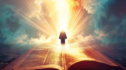 silhouette of jesus christ guiding the bright path sun rays shining through open bible book spiritual light concept digital illustration - obrazy, fototapety, plakaty