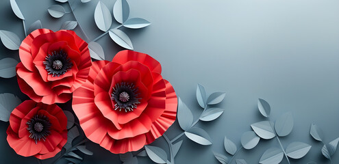 Banner with paper cut red poppy flower, symbol for remembrance, memorial, anzac day. - obrazy, fototapety, plakaty