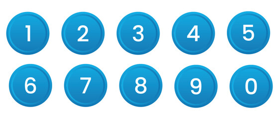 Set of phone numbers button. Number circles set 0 to 9 icon for education and UI/UX design. Safe lock pin code number symbols. Set of blue circle with numbers 0 to9. Set of numbers on white background